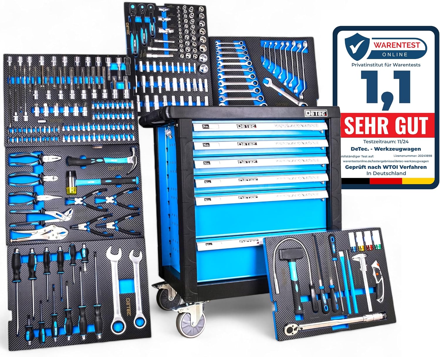 DeTec. Werkplaatswagen uitgerust gereedschapswagen 6 van 6 laden gevuld met gereedschap carbon inlegger blauw