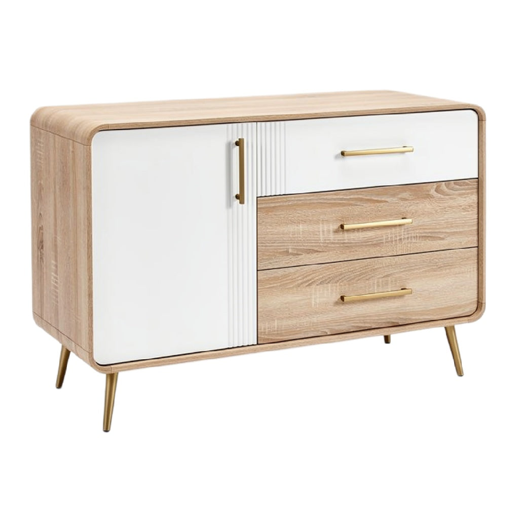 Technische titel: "Moderne Dressoir van Hout met Vier Lades en Gouden Handgrepen"