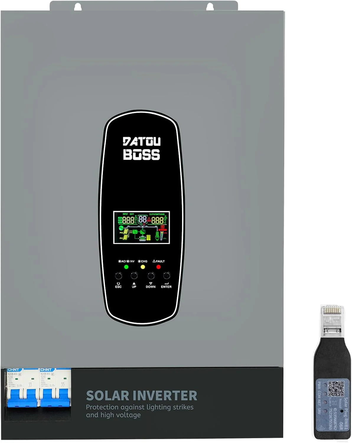 DATOUBOSS 11 KW hybride omvormer op zonne-energie, 48 V zuivere sinus omvormer met 150 A MPPT zonne-laadregelaar, ondersteunt batterijloze werking, BMS-beveiligingssysteem, voor 48 V lithium(48V-6200W+WiFi-Modul)