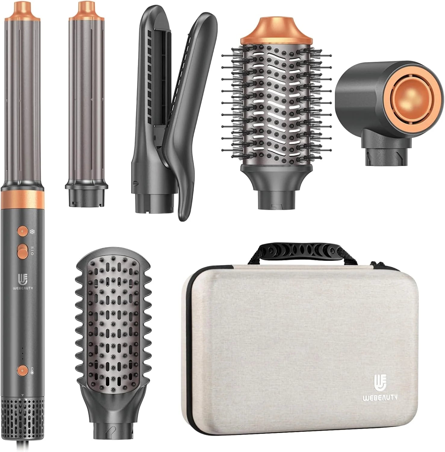 Haardrogerborstel, Air Styler Föhnborstel: 7-in-1 multifunctioneel gereedschap met dubbele spanning, met heteluchtstijler, automatische krultangen, anti-kroes volume, sneldrogend, krullen, gladmaken(Goudkleurig)