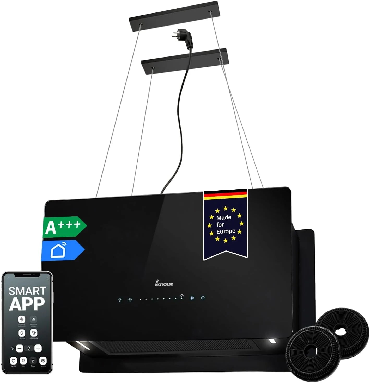KKT KOLBE CUBE60FB Afzuigkap, 60 cm, 684 cbm/h convectie, 9 standen, Smart WLAN app, eilandkap vrijhangend, plafondmontage, zwart, glas, ledverlichting, automatische naloopfunctie