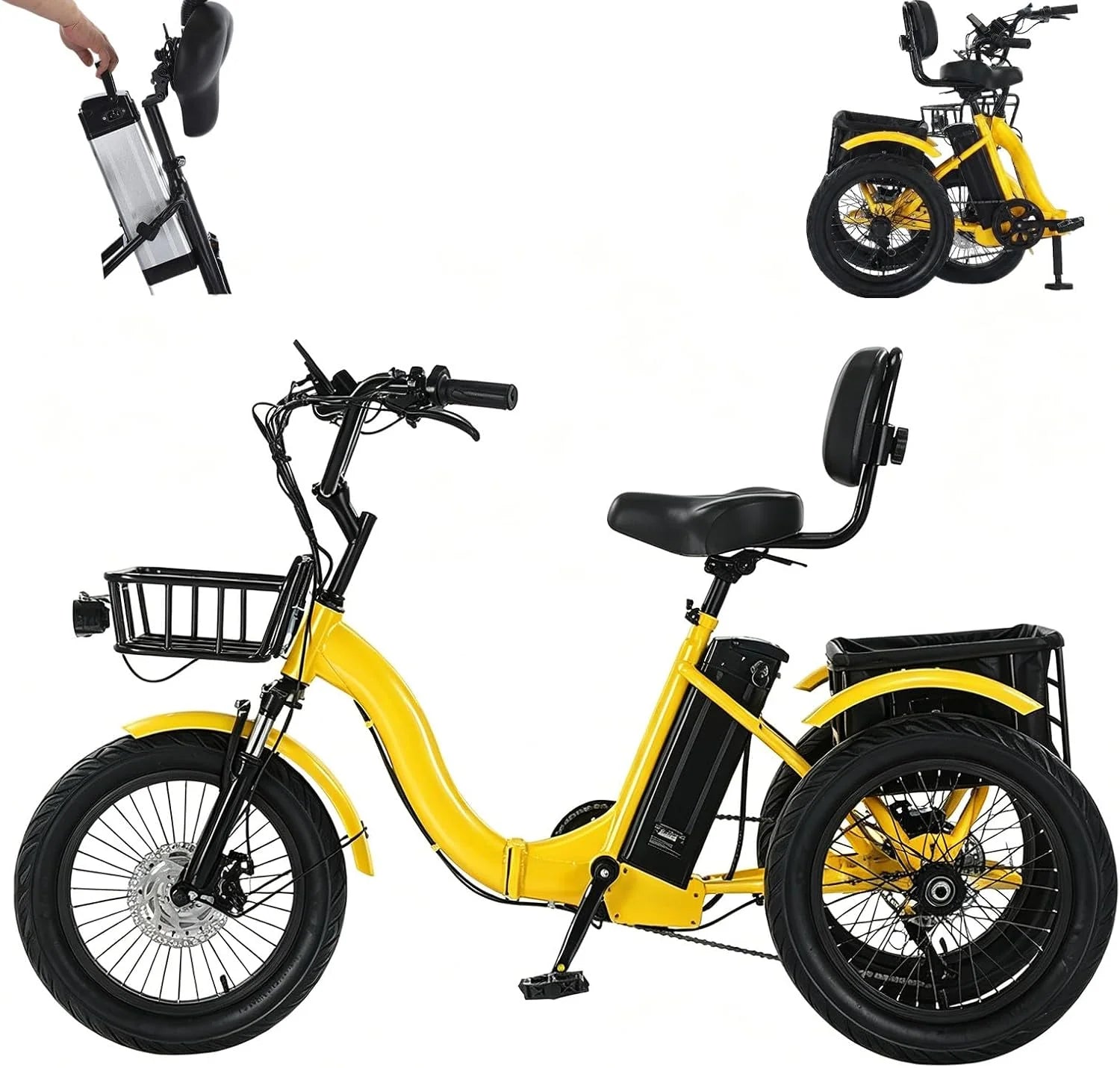 18in Elektrische Vouwfiets Voor Volwassenen, Opvouwbaar Driewieler met 18 Inch Brede Banden, Voor- en Achterlaadmand, Digitaal Display, Driewielige Elektrische Fiets voor Dagelijks Gebruik Blue(Geel)