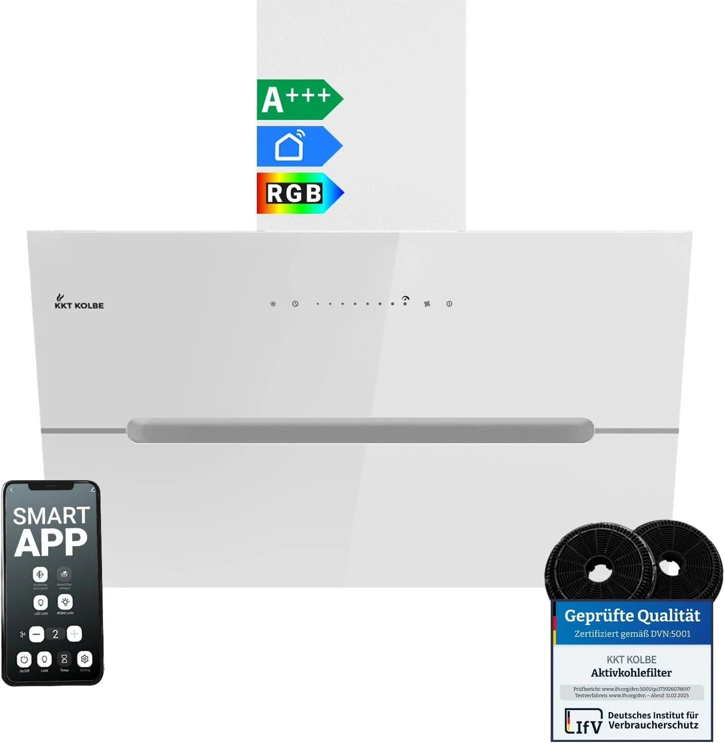 KKT KOLBE ECCO8005WM Afzuigkap, 80 cm, 782 cbm/h convectie, afvoerlucht, kopvrij, wandkap, wit glas, smart wifi-app, wifi, RGBW-ledverlichting, ECCO8005WM