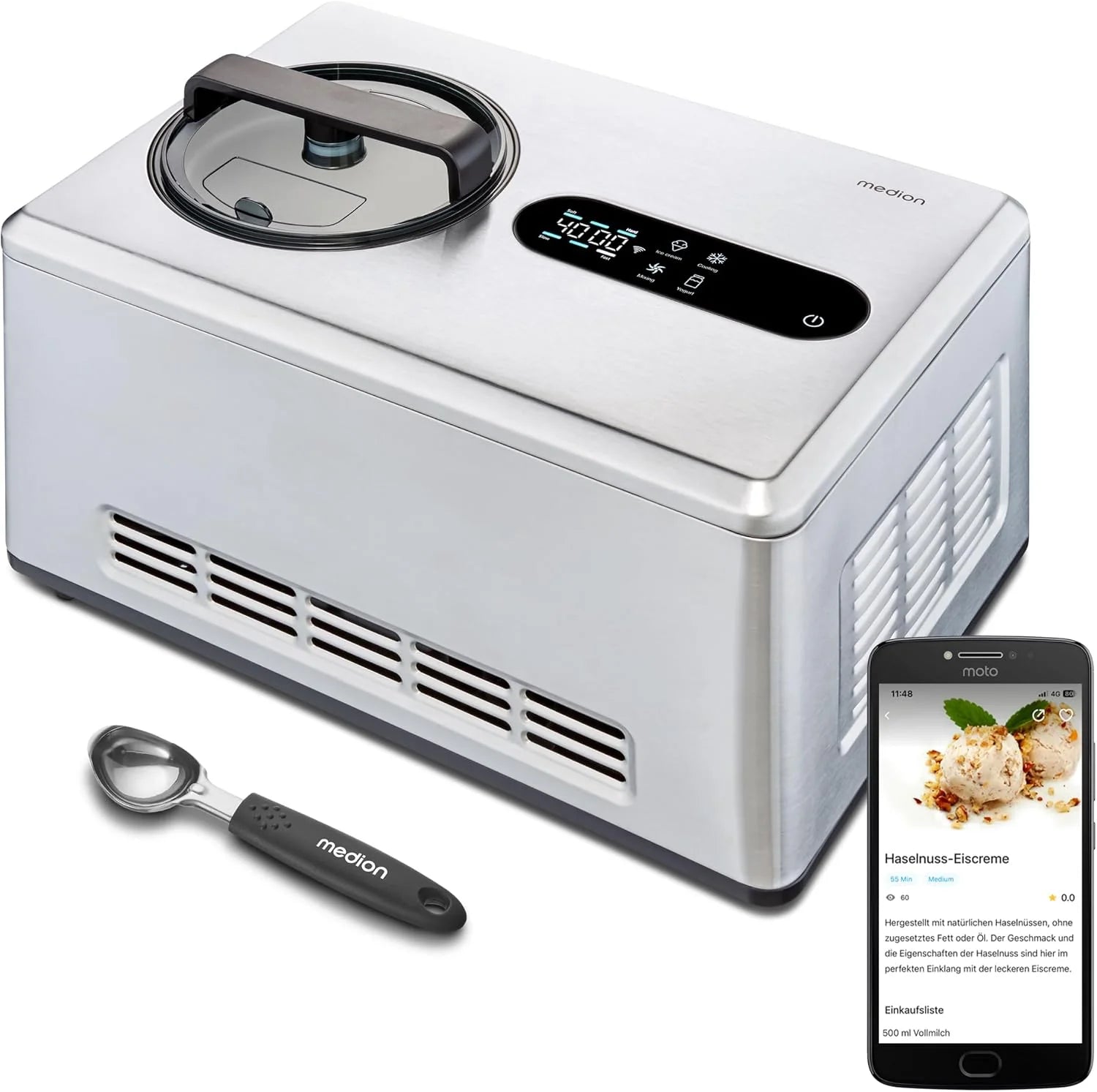 MEDION slimme ijsmachine met compressor (zelfkoeling, app bediening incl. ijsrecepten, LED display, 2 liter, yoghurtijs, roestvrij staal, MD12170)