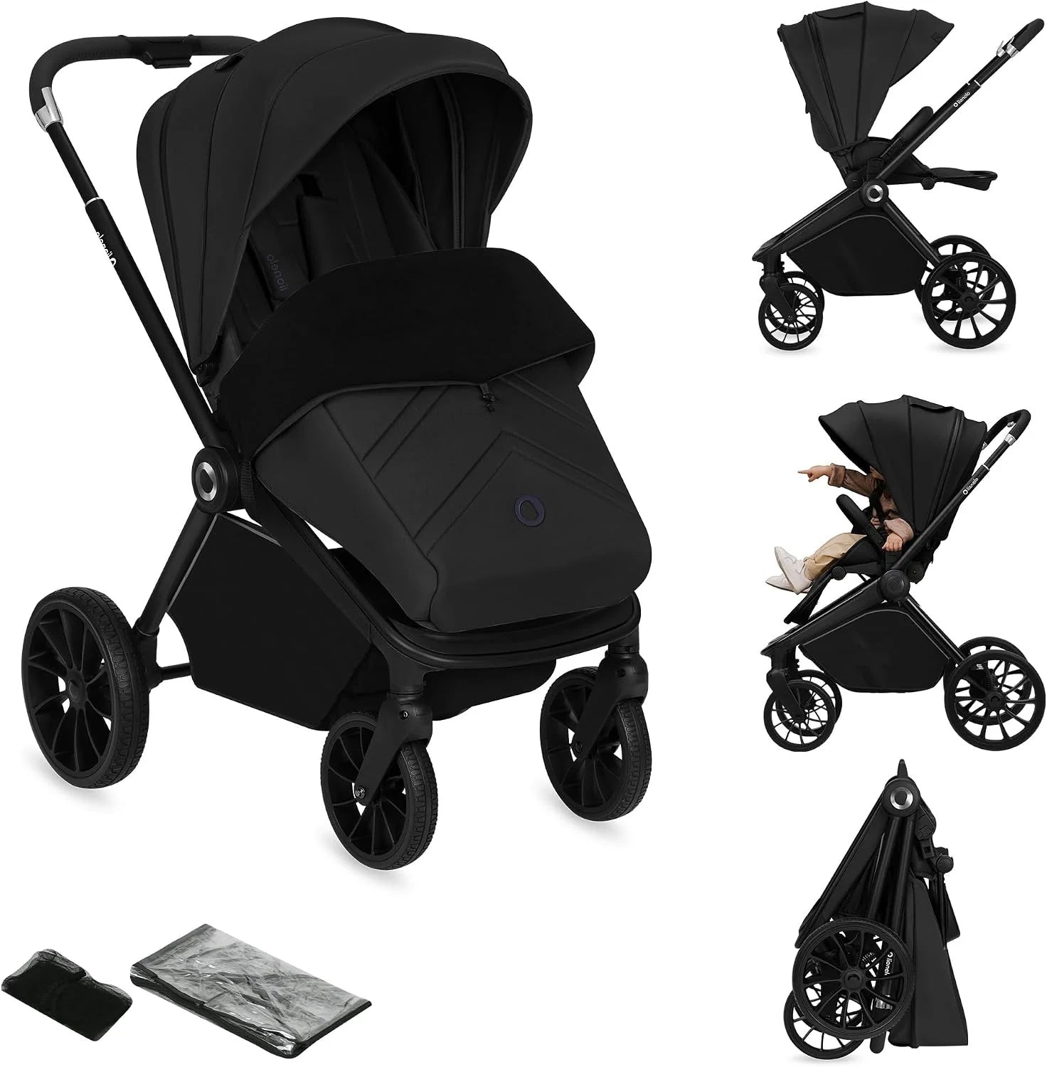 LIONELO Mika Plus Kinderwagen  Buggy, Vanaf 6 Maanden tot 22 kg, All-Terrain Wielen met Vering, XXL Zonnekap UPF50+, Verstelbare Rugleuning  Voetsteun, Waterafstotend, Lichtgewicht Opvouwbaar, Beige(Zwart Onyx)
