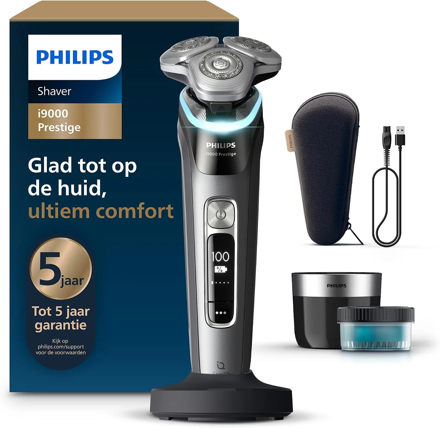 Philips Shaver Series 9000 - Elektrisch scheerapparaat nat en droog, met Lift and Cut, SkinIQ-technologie, uitklapbare baardtrimmer, reinigingspod, oplaadstandaard en reisetui (model S9976/63)([NEW] i9000 Prestige - Dark Slate)
