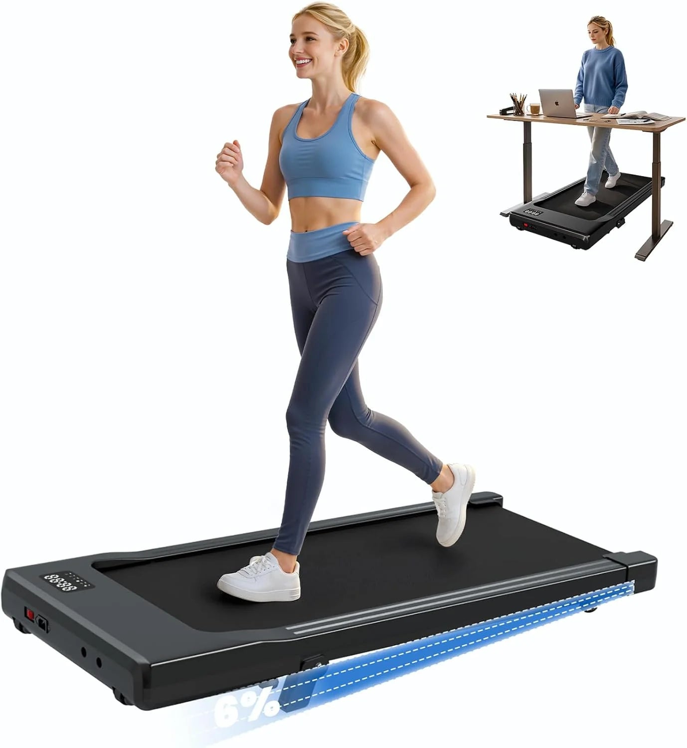 DeerRun Under Desk Walking Pad loopband met 6% handmatige helling, 0,6-3,8 MPH loopsnelheid, 2,5 pk, 300 lbs capaciteit, app en afstandsbediening, voor thuiskantoor en kleine ruimtes(Bruin)