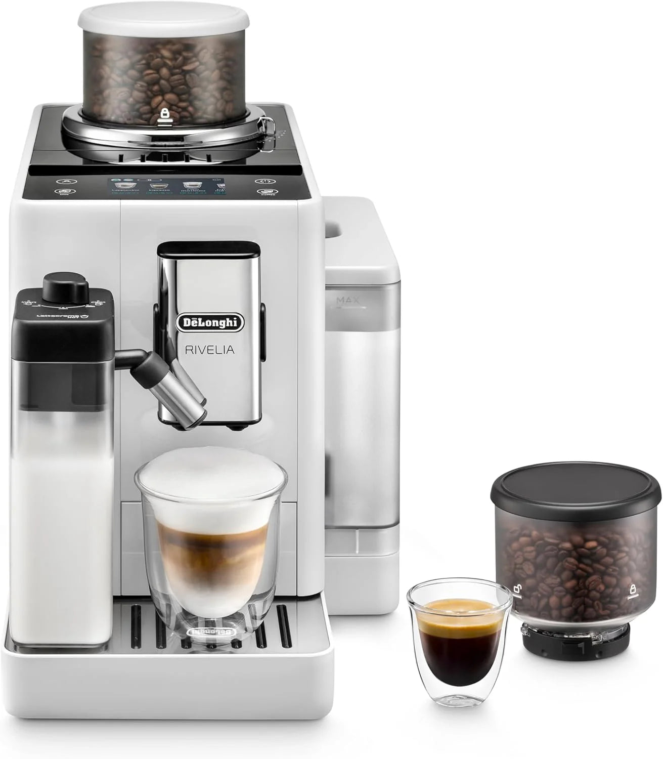 De'Longhi Rivelia EXAM440.55.W Volautomatische espressomachine LatteCrema Hot Automatische melkopschuimer, compact formaat, 16 recepten, touchscreen, arctisch wit