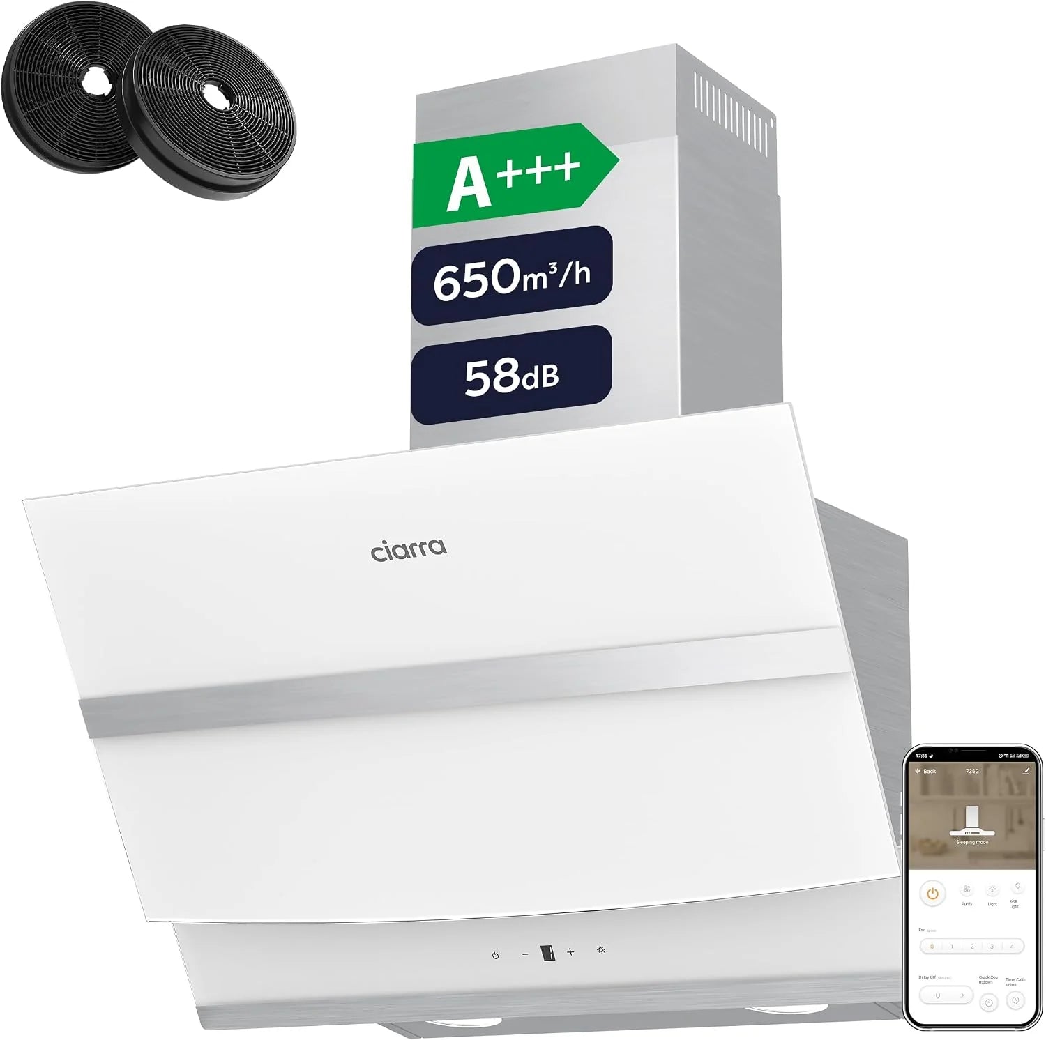 CIARRA CBCB6736F A+++ Afzuigkap 60 cm wandafzuigkap 650m³/h, 3 standen en boostfunctie. Wi-Fi app of touch. afvoer- en recirculatie afzuigkap met koolstoffilter CBCF003. Zwart(wit)
