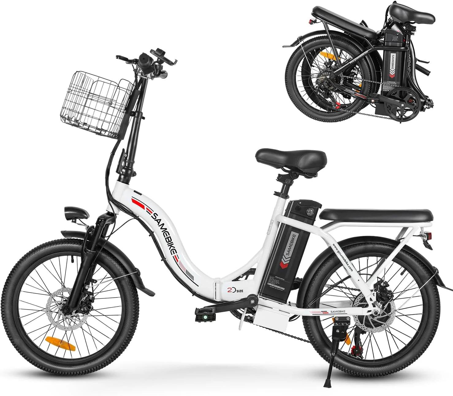 SAMEBIKE Elektrische fiets voor volwassenen, 20 inch, inklapbare elektrische fiets met pedaalondersteuning, city-e-bike, uniseks, volwassenen, afneembare accu, 36 V, 12 Ah, elektrische fiets voor 7(Wit)