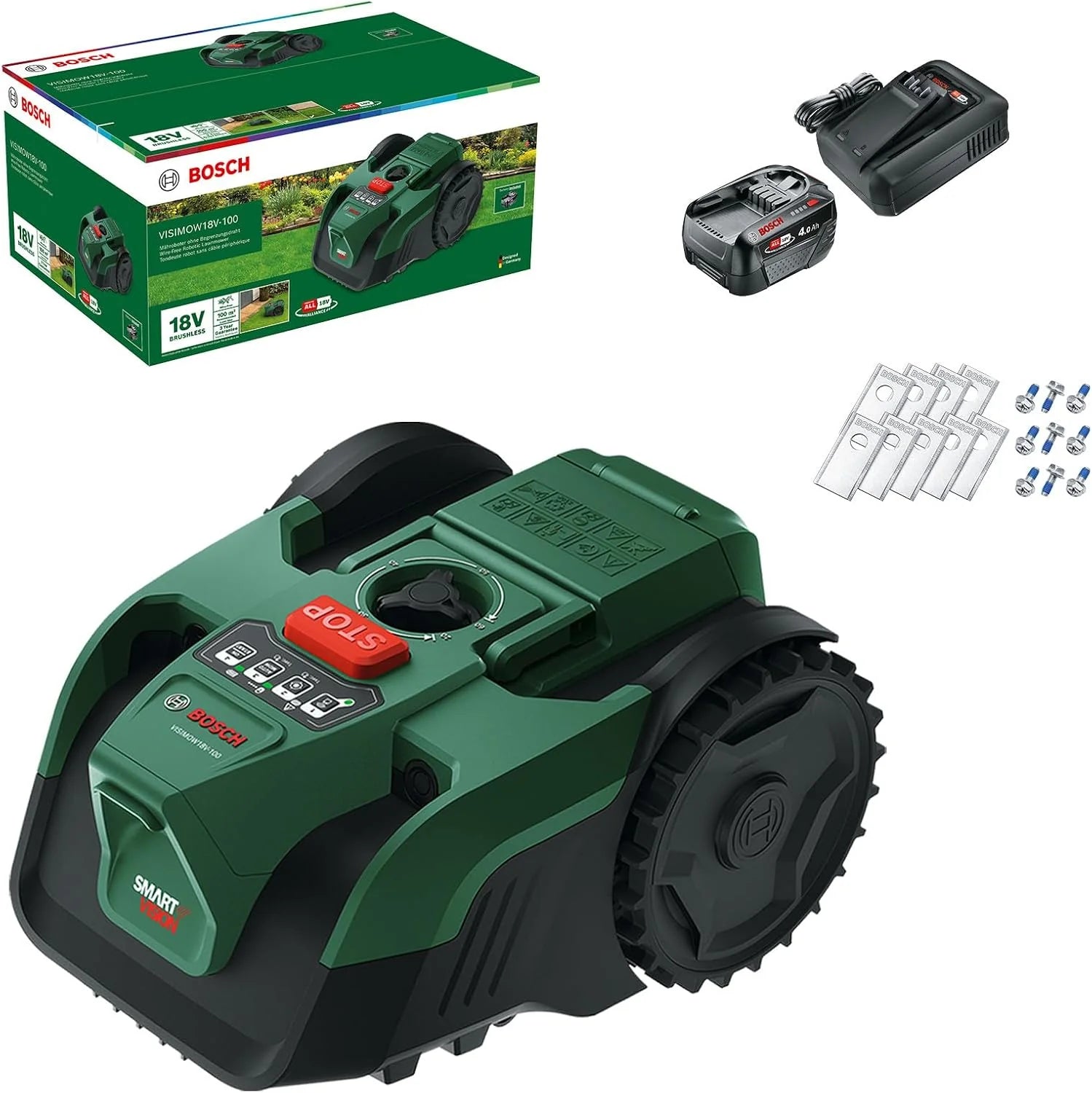 Bosch accurobotmaaier VISIMOW18V-100 (voor gazons tot 100 m², maaibreedte: 16 cm, maaihoogte: 20-60 mm, met reservemessen, met accu en oplader)