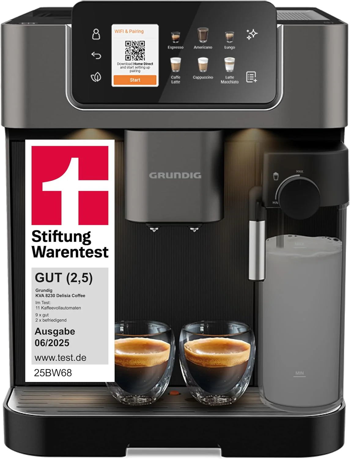 Grundig KVA 8230 Volautomatische espressomachine, 18 koffiespecialiteiten, 13 maalgraden, melkreservoir, krachtig 1350 W, 19 bar pompdruk, dubbel mondstuk, verlichting, zwart/donkerzilver