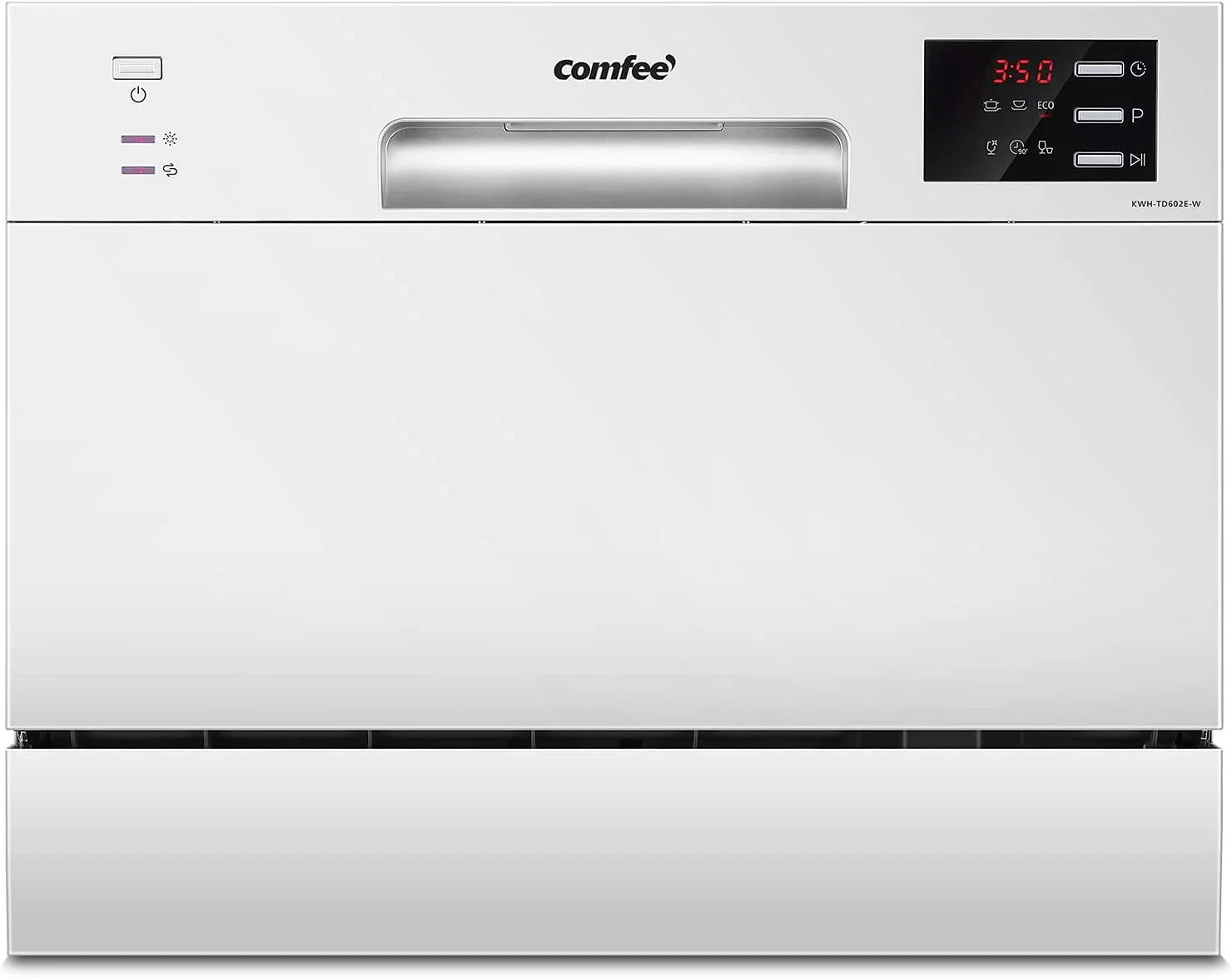 COMFEE' Compacte tafel-vaatwasser TD602E-S mini-vaatwasser met 6 couverts, 6 programma's, led-display, tijdvertraging en wasfunctie in niet-piekuren - zilver(Wit/Single)