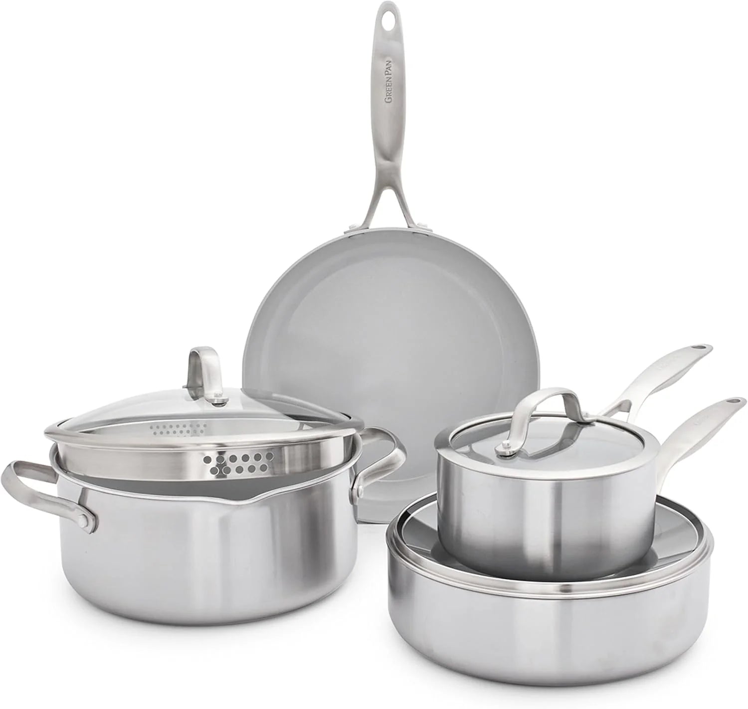GreenPan Venice Pro Tri-Ply RVS Gezonde Keramisch Antiaanbaklaag 7-delige pannenset, PFAS Vrij, Multi Clad, Inductie, Vaatwasserbestendig, Ovenveilig, Zilver