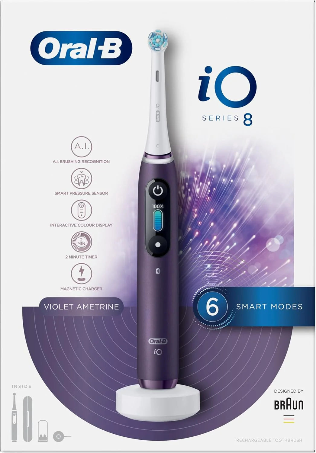 Oral-B Bruine elektrische tandenborstel, Special Edition iO -8, oplaadbaar, 1 hoogwaardig design, paarse handgreep met revolutionaire magneettechnologie, kleurendisplay, 1 tandenborstelkop reisetui