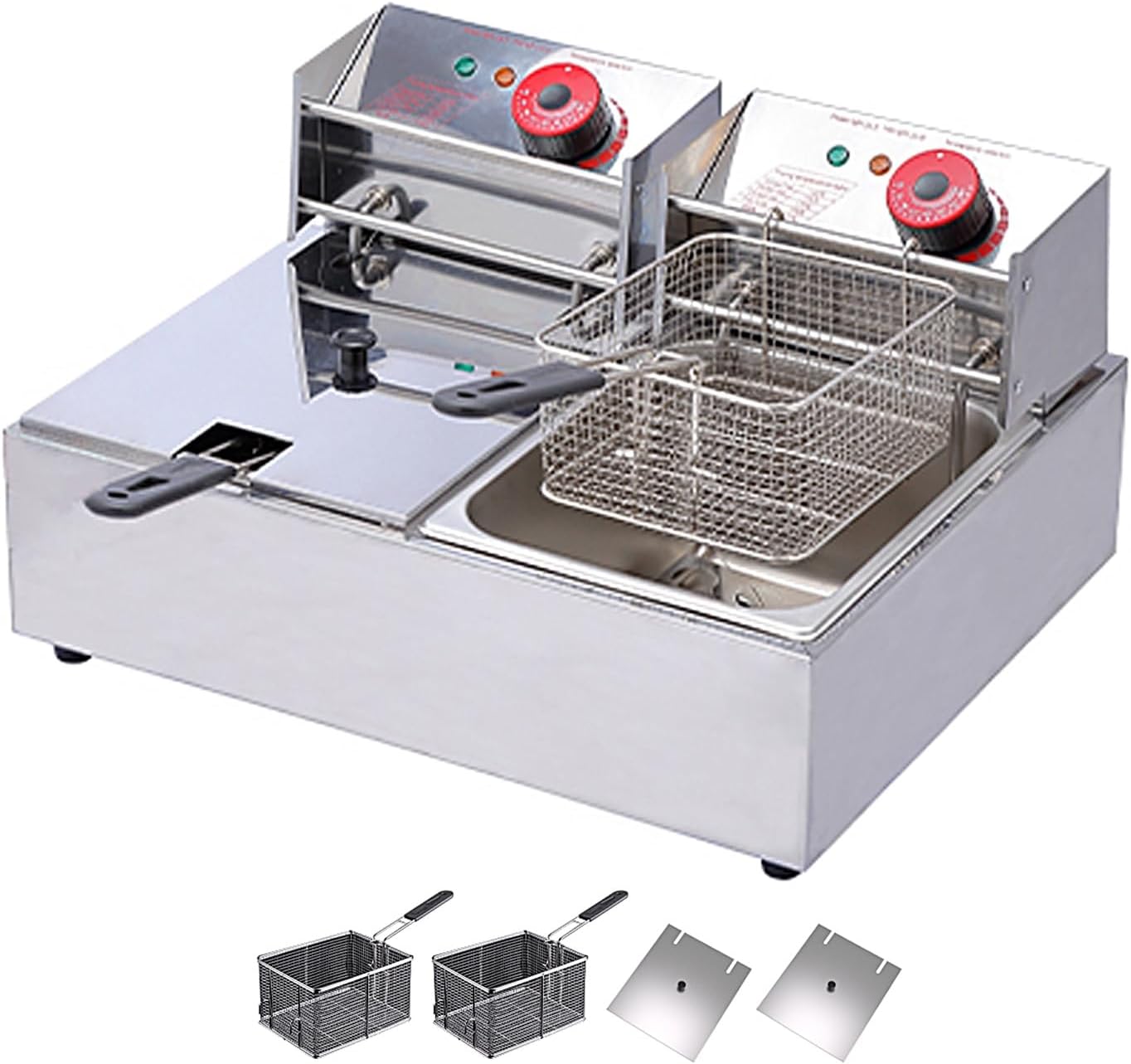 Commerciële elektrische frituurpan met mandje en deksel, krachtig roestvrij staal, temperatuurregeling, ideaal voor professioneel en thuisgebruik.