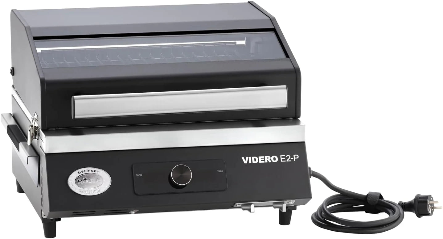 RÖSLE Elektrische barbecue Videro E2-P, draagbare tafelgrill met 2 branders, warmhoudrooster en deksel met glazen inzetstuk, gepoedercoat staal, zwart/zilver