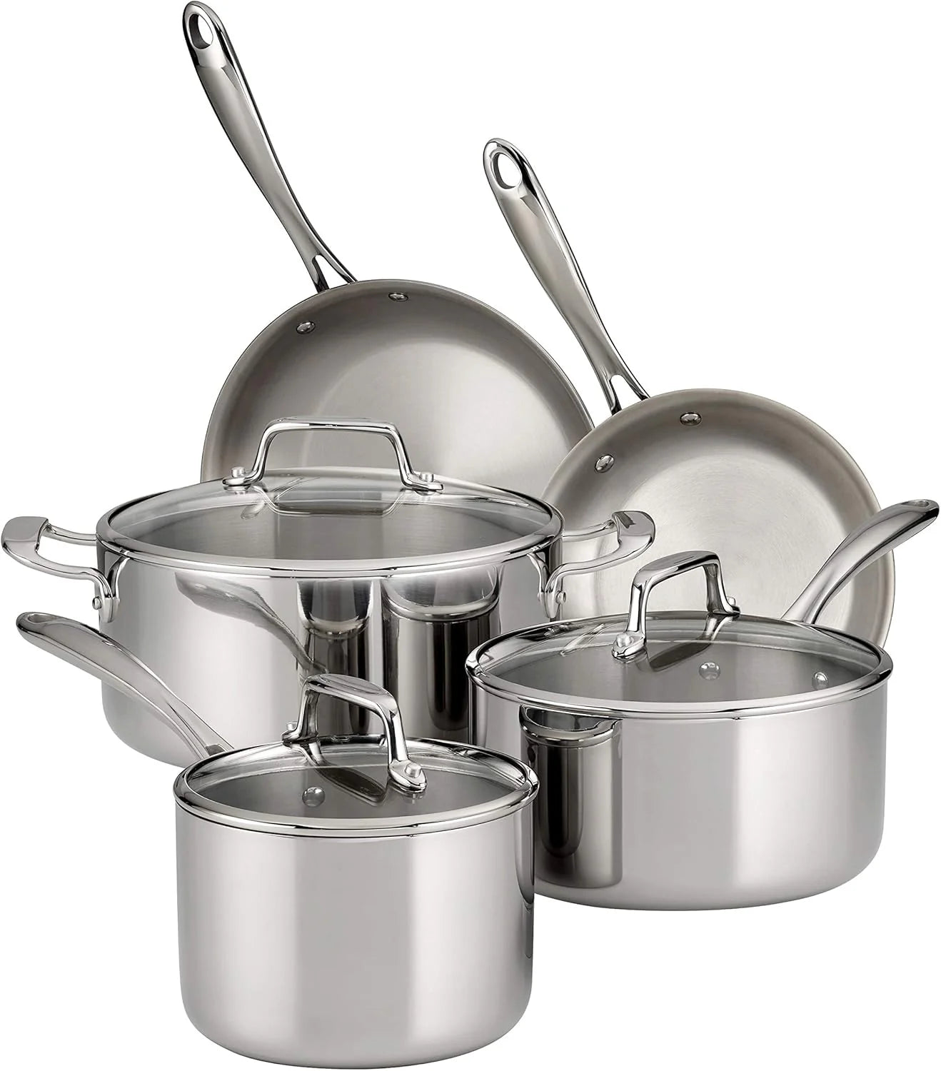 Tramontina Tri-Ply Beklede RVS 8-delige kookgerei set met glazen deksels, potten en pannen keukenset, inductie-klaar, vaatwasmachinebestendig, gemaakt in Brazilië