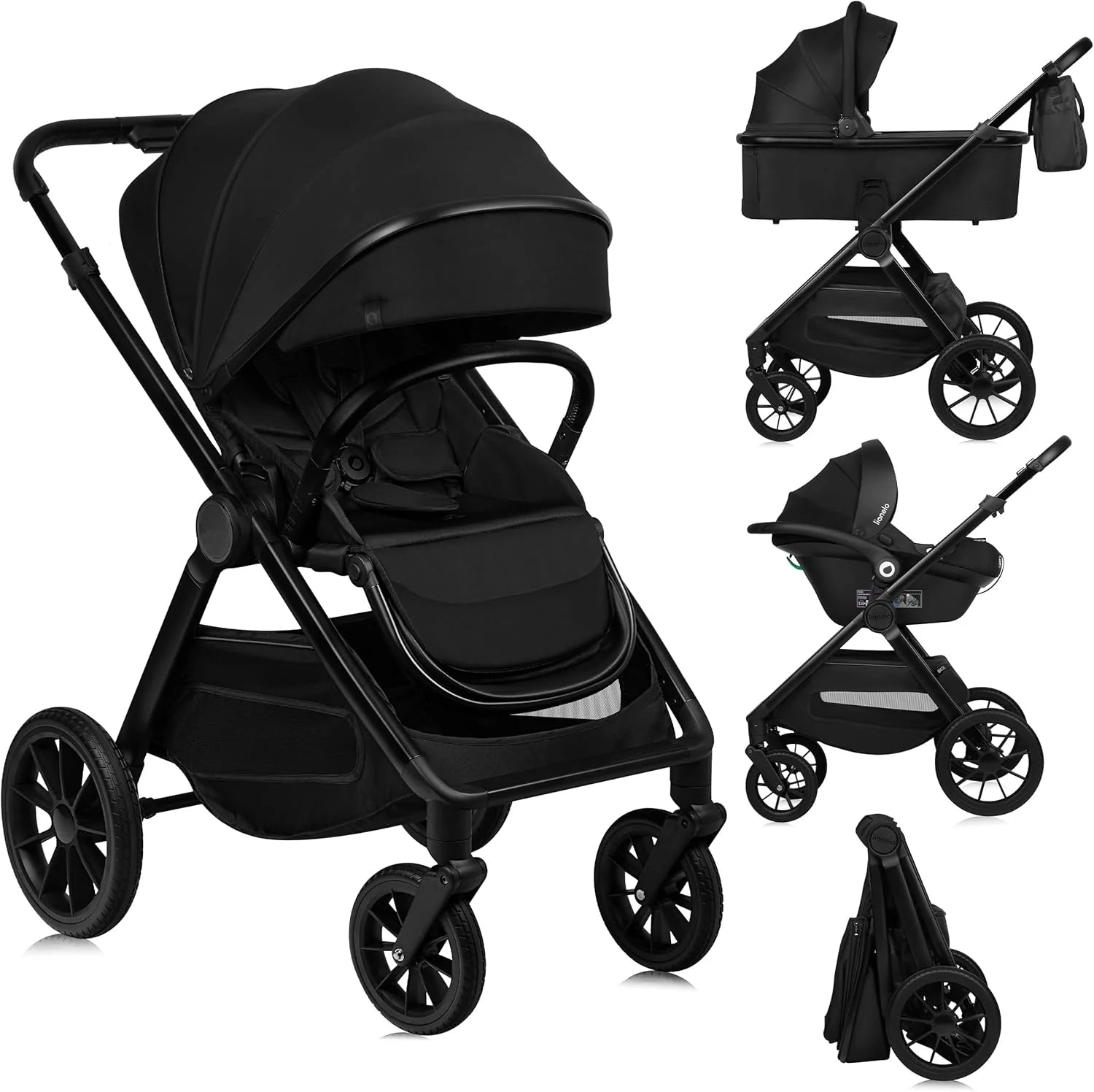 LIONELO Layla 3-in-1 Kinderwagen met Reiswieg Buggy  Autostoel i-Size (0-4 jaar, tot 22 kg), Opvouwbaar Aluminium Frame, Wielen met Vering, Omkeerbare Zitting, 3D Ventilatie, Accessoireset, Beige(Zwart)