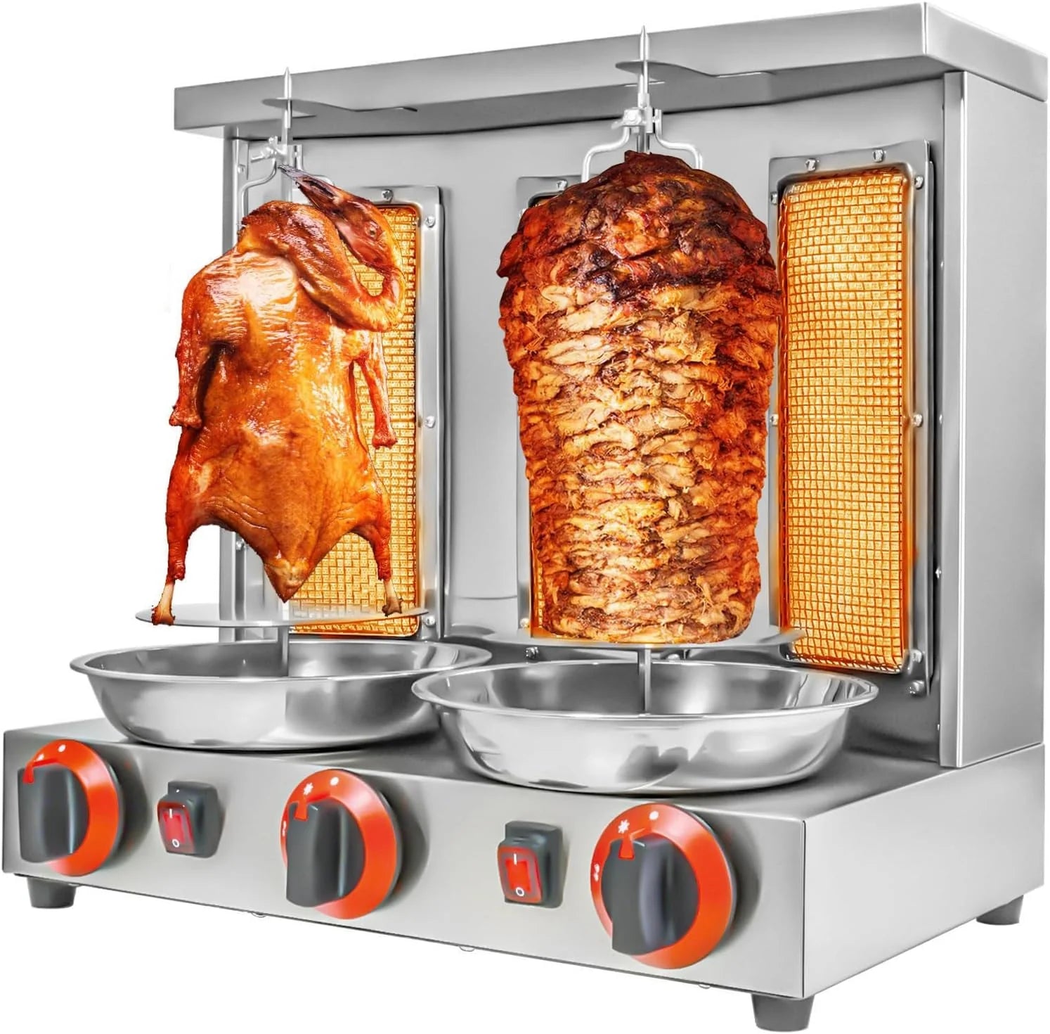 Verticale grill Kebab, grillmachine voor doner kebab, verticale gasdraaispies van roestvrij staal met 2/3 branders, 360 graden draaibare tafelgrill, voor commercieel gebruik, thuis, keuken,(L)