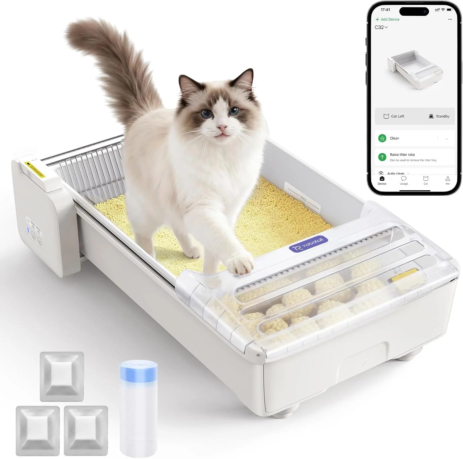 Robotail Open Top Automatische Kattenbak, Zelfreinigende Kattenbak met Ruime Ruimte voor Grote Katten+Vis Afvalbak, XXL Elektrische Kattenbak Automatische Reiniging voor Meerdere Katten, Auto(C32 Auto Kattenbak+Voeringen)