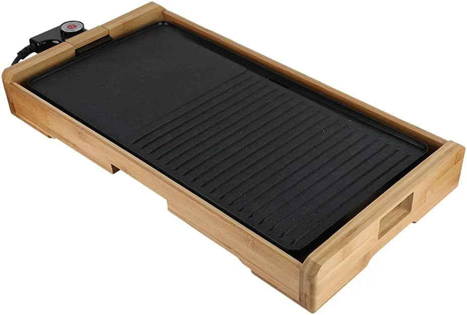 Bamboe Rookloze Anti-Aanbak Elektrische Grillbakpan, U-Vormige Verwarmingsbuis Elektrische Grill, Bakplaat Voor Binnen Bbq Tafelgrill Kookplaat, 55 X 28 Cm