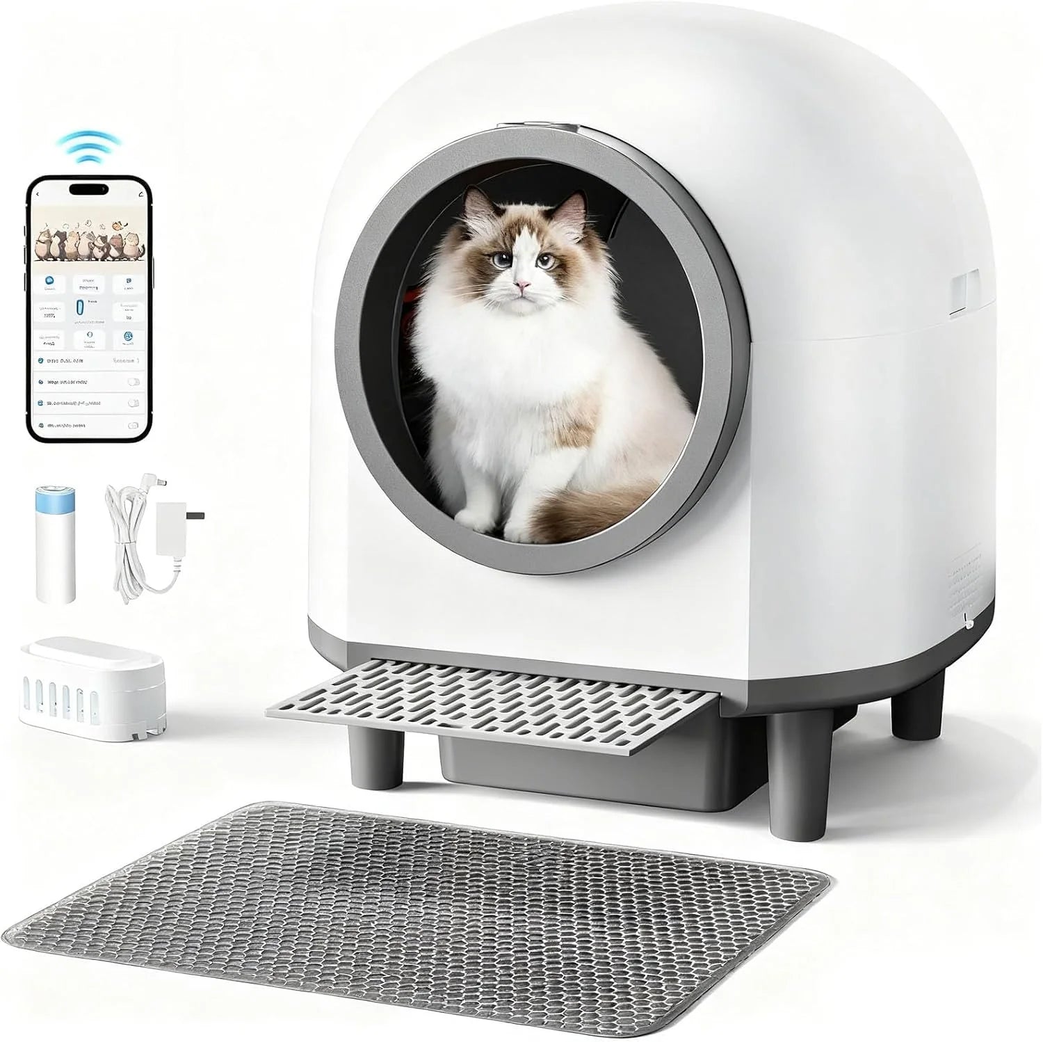 Zelfreinigende kattenbak voor meerdere katten, 88L grote slimme automatische kattenbak met app-bediening, gezondheidsmonitoring, geïntegreerde veiligheidssensoren, geurverwijdering, mat, voeringen(Wit)