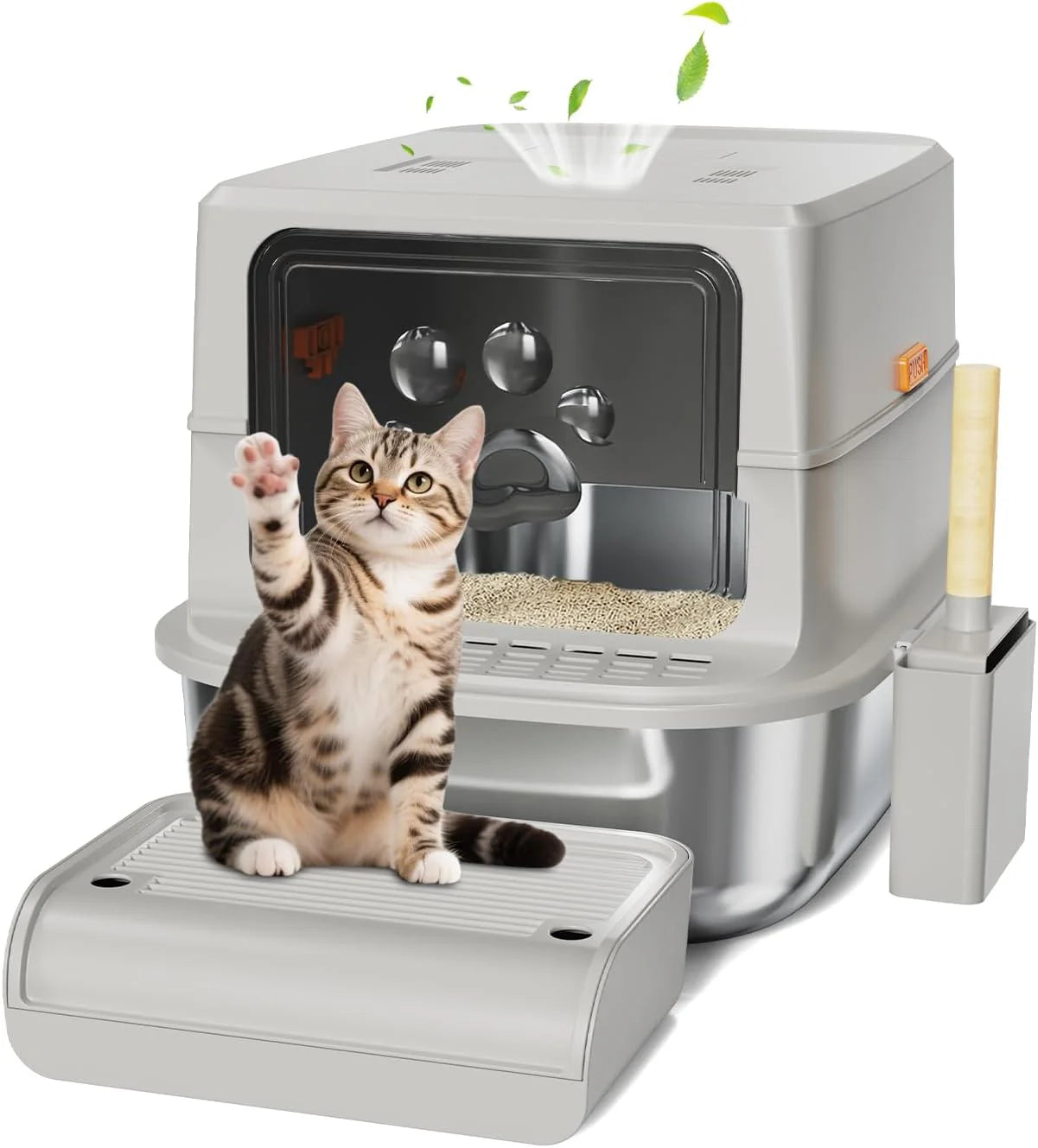 Roestvrijstalen kattenbak met deksel, XL extra grote kattenbak voor grote katten, geurvrij met koolstoffilters, ingesloten metalen kattenbak met afneembaar deksel en schep, eenvoudige reiniging,(Lichtgrijs/X-Large)
