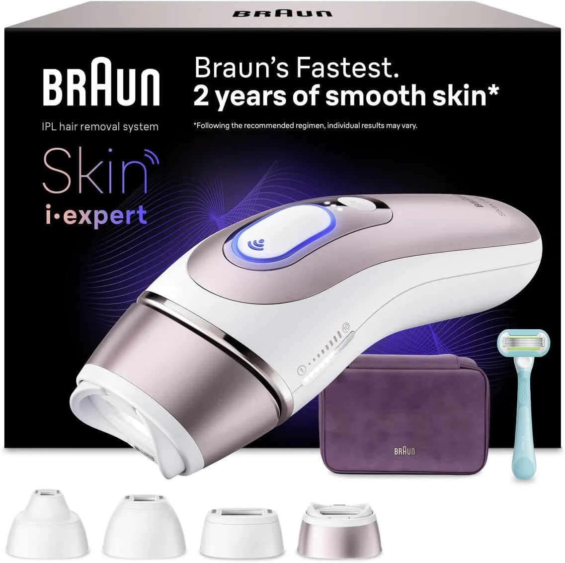 Braun Lumiere Pulsee Smart Skin i Expert Epilator, wit en brons, alternatief voor laser thuis, semi-definitieve haarreductie, tas, Gillette Venus scheerapparaat voor dames, 4 koppen, PL7431(Brons)