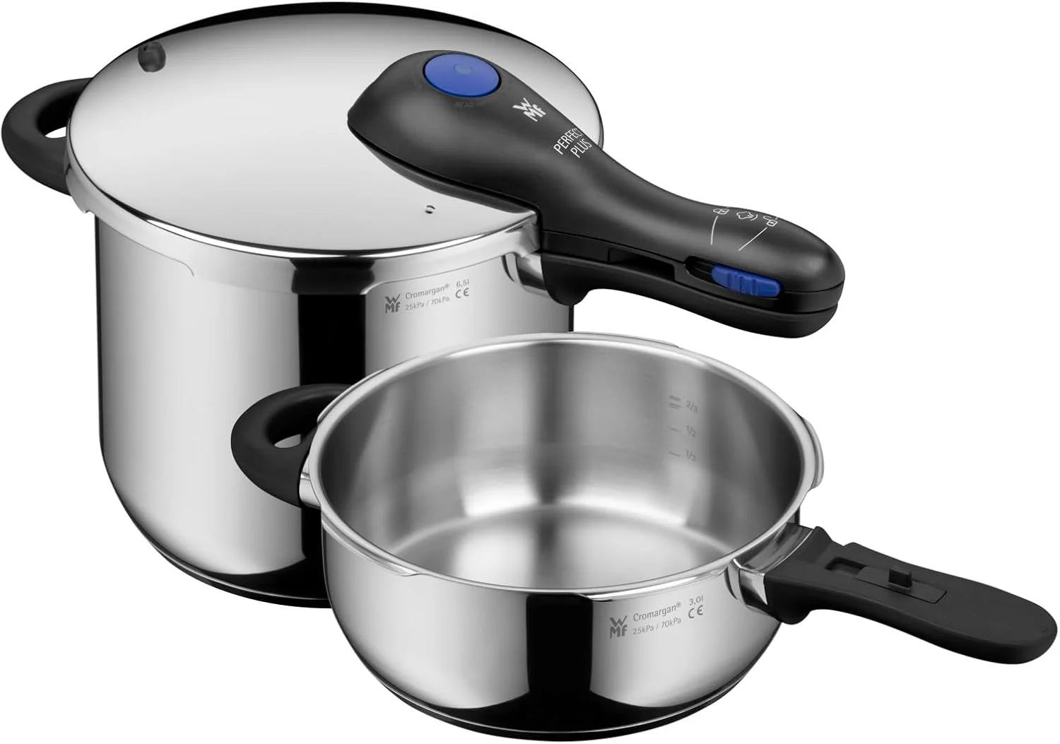 WMF 794469990 Perfect Plus Snelkookpannen set 6,5l en 3,0l, Restkooktijd Indicator, Intuïtief Gebruik, Maataanduiding, Cromargan, Geschikt voor Alle Warmtebronnen, Inclusief Inductie