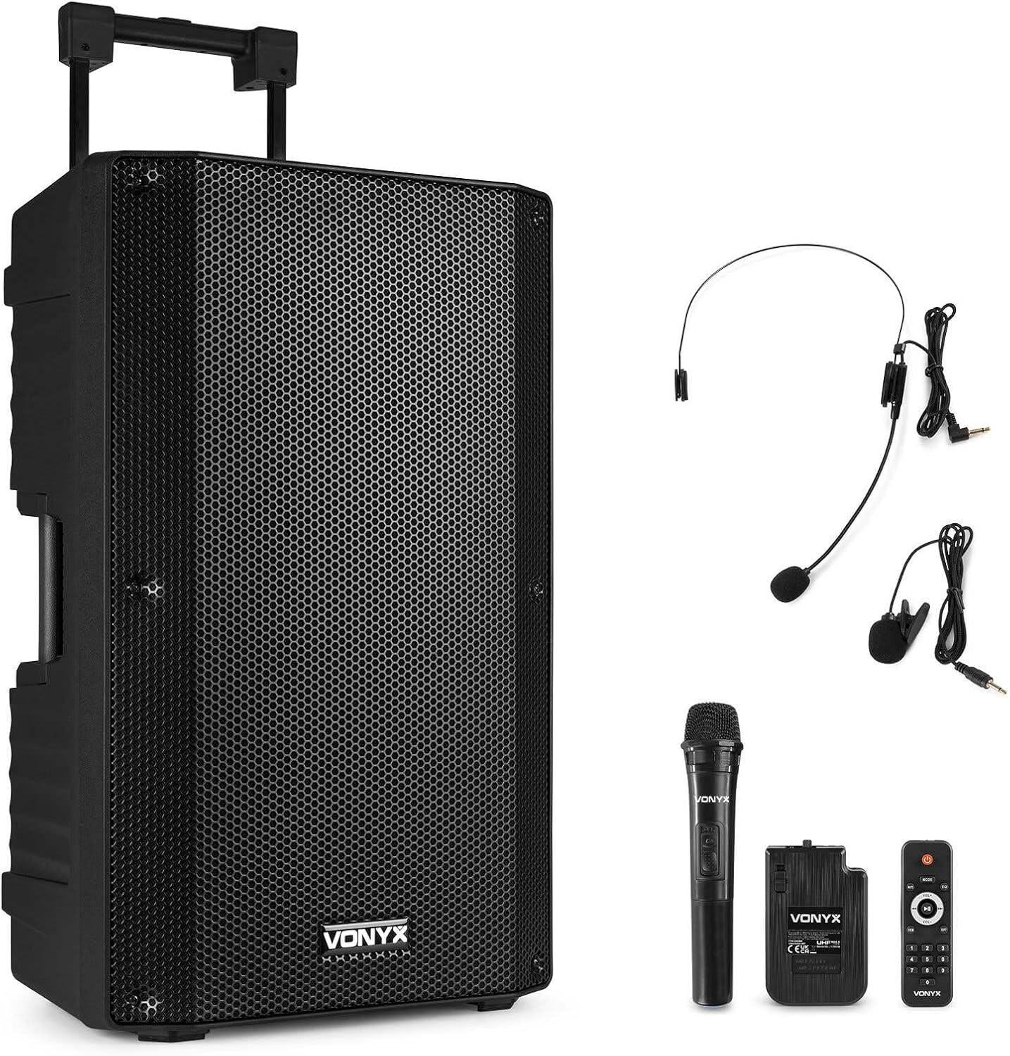 Vonyx VSA700-BP Partybox met Bluetooth 1000W – Grote Muziek Box met 15” Woofer  Microfoon, 8h Accuduur, USB/SD/MP3, Headset, Portable Speaker op Wielen, Trolley Speaker – Zwart(174.060)