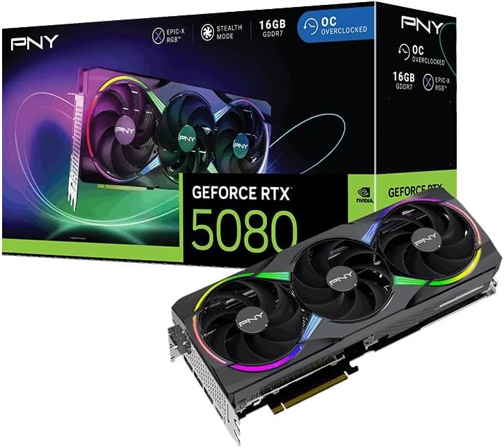 PNY GeForce RTX 5080 ARGB Overclocked Triple Fan 16 GB GDDR7 Reflex 2 RTX AI DLSS4
