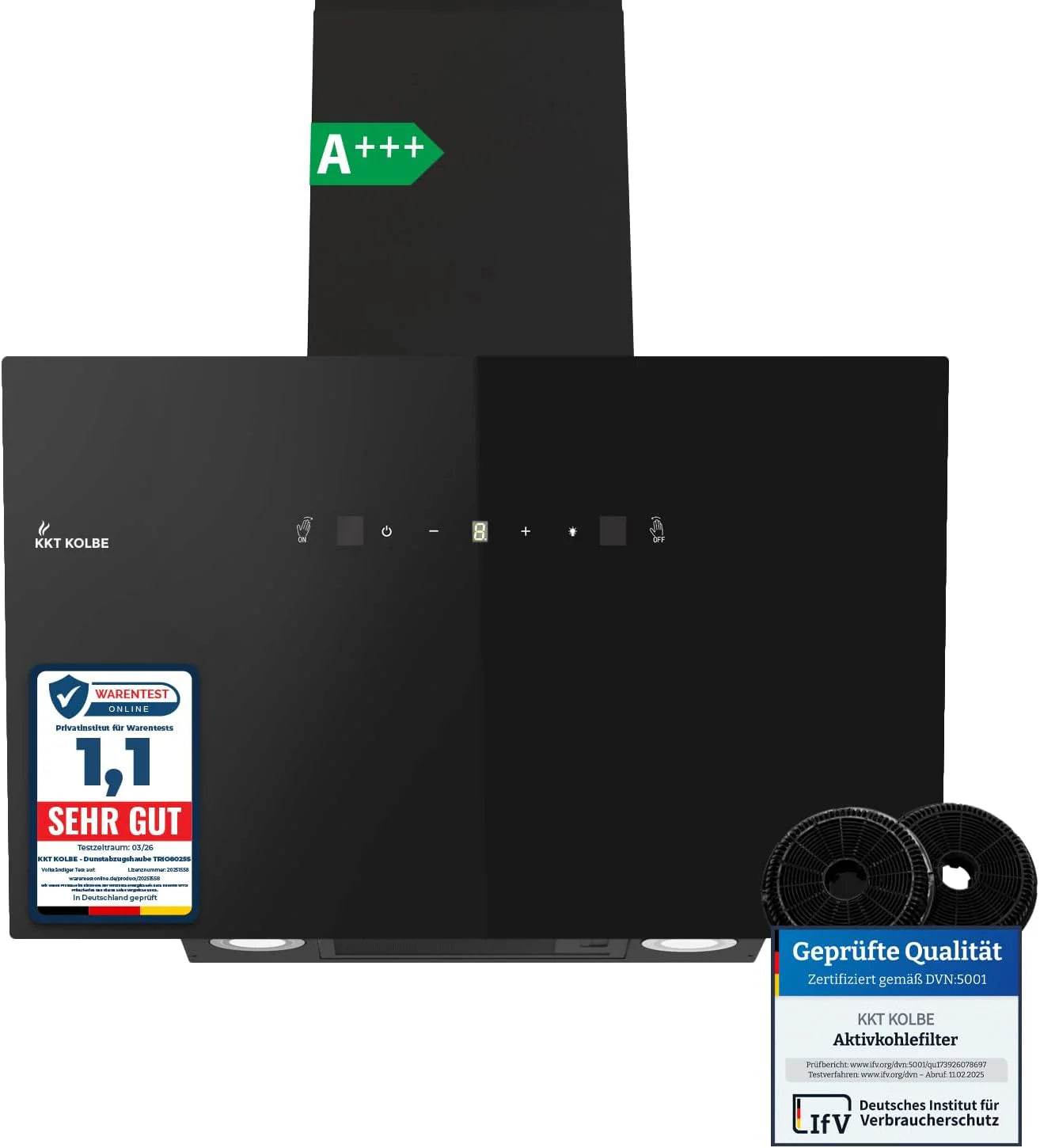 KKT KOLBE Afzuigkap 90 cm | circulatielucht afvoerlucht | 782 cbm/h | wandkappen kopvrij | zwart | glas | gebarenbediening | sensortouch-bediening | ledverlichting | TRIO9025S(zwart/80 cm)