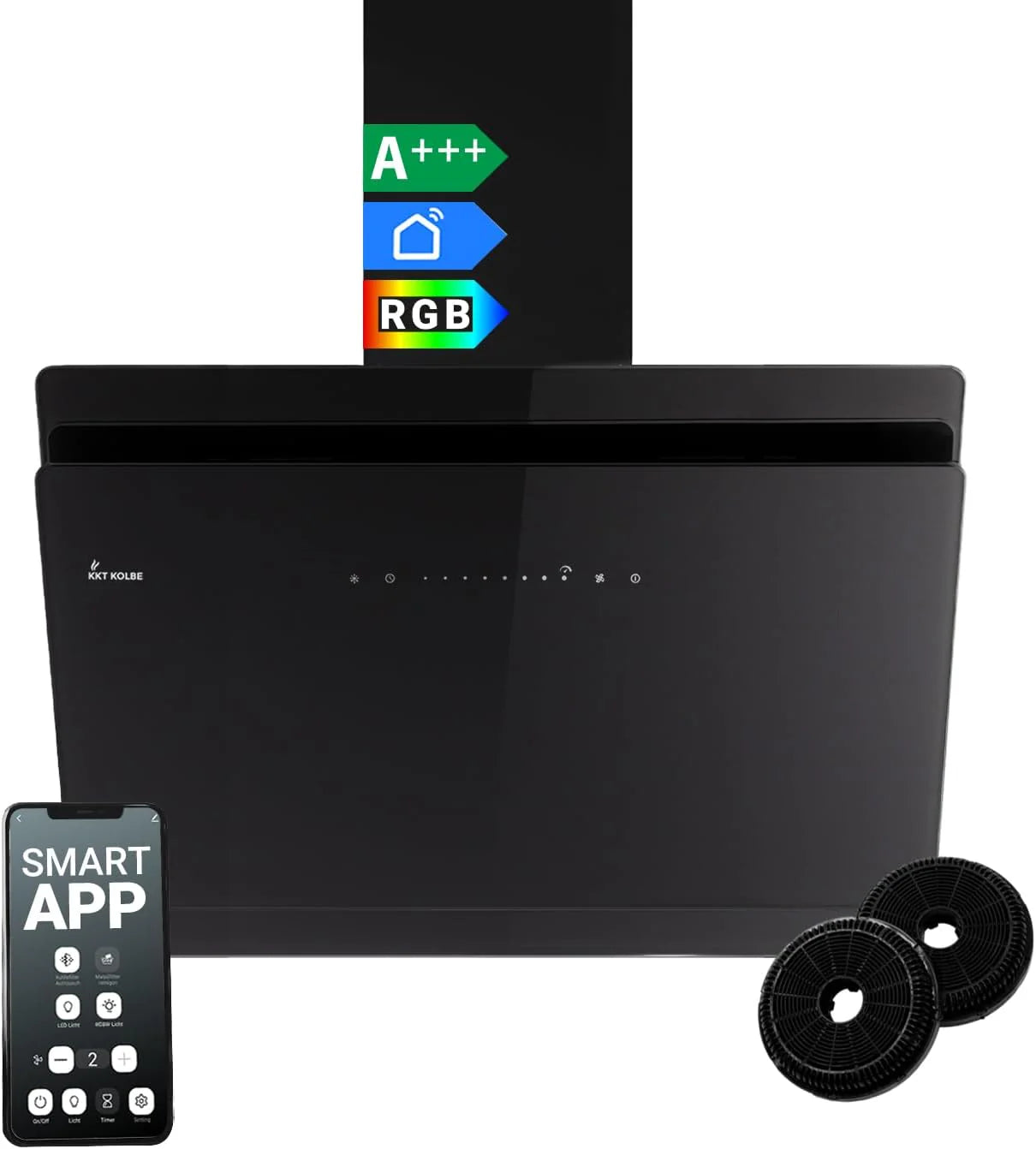 KKT KOLBE A+++ afzuigkap, 80 cm, 782 m²/h convectie, kopvrij, wandkap, zwart glas, automatisch, intelligente WLAN-app, SensorTouch, RGBW-ledverlichting