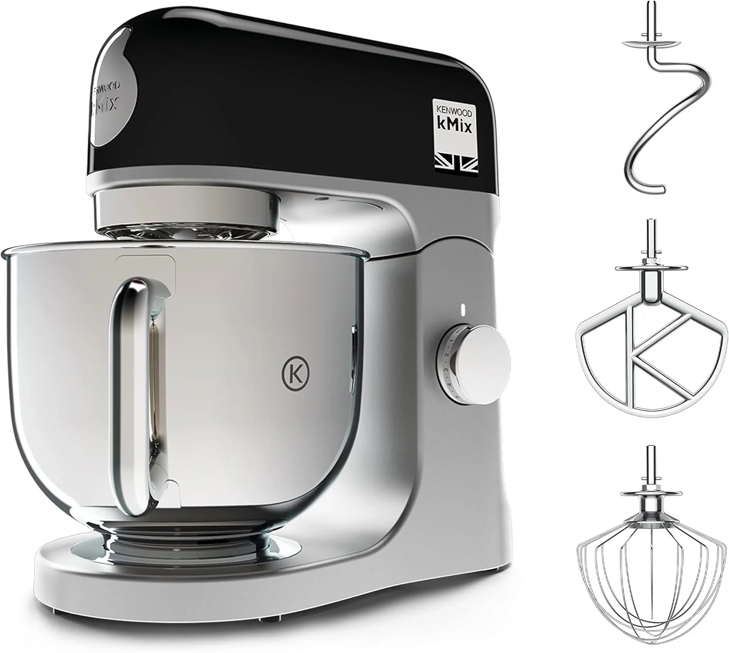 Kenwood KMix KMX750WH keukenmachine, roestvrijstalen kom van 5 l, beveiligingssysteem voor veilig gebruik, metalen behuizing, 1000 watt, incl. 3-delige gebakset en spatbescherming, wit(Zwart)