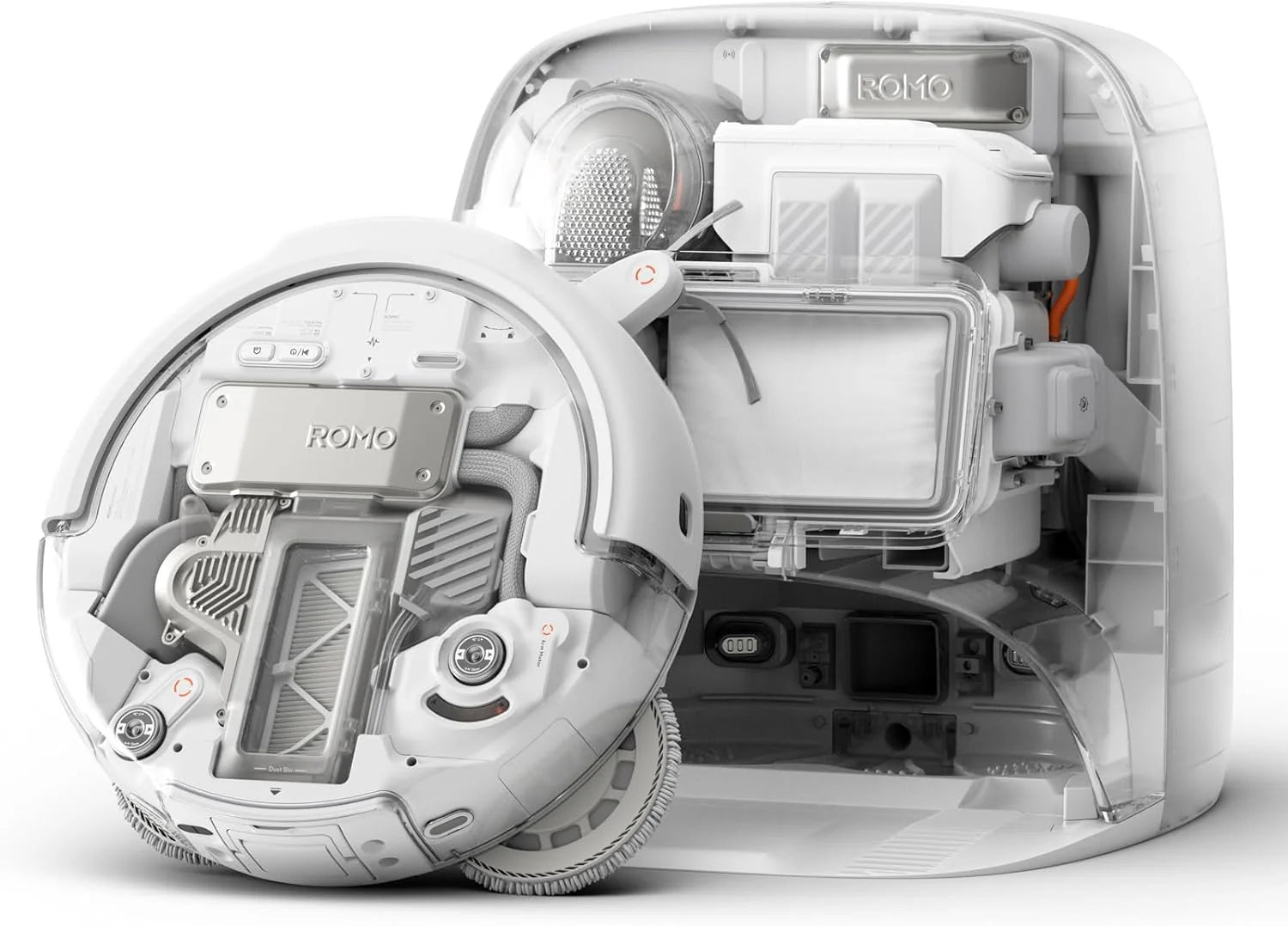 DJI ROMO P Robotstofzuiger en mop met transparant design, 25.000 Pa zuigkracht, sensoren op droneniveau, dubbele robotarmen, 200 dagen onderhoudsvrij gebruik, aanpasbare dweiloplossingen