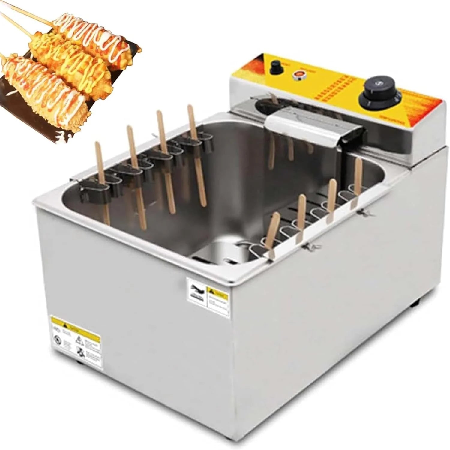 Commerciële frituurpan voor corn dogs (1900W), perfect voor het frituren van kaashotdogs op kleine evenementen en kraampjes.