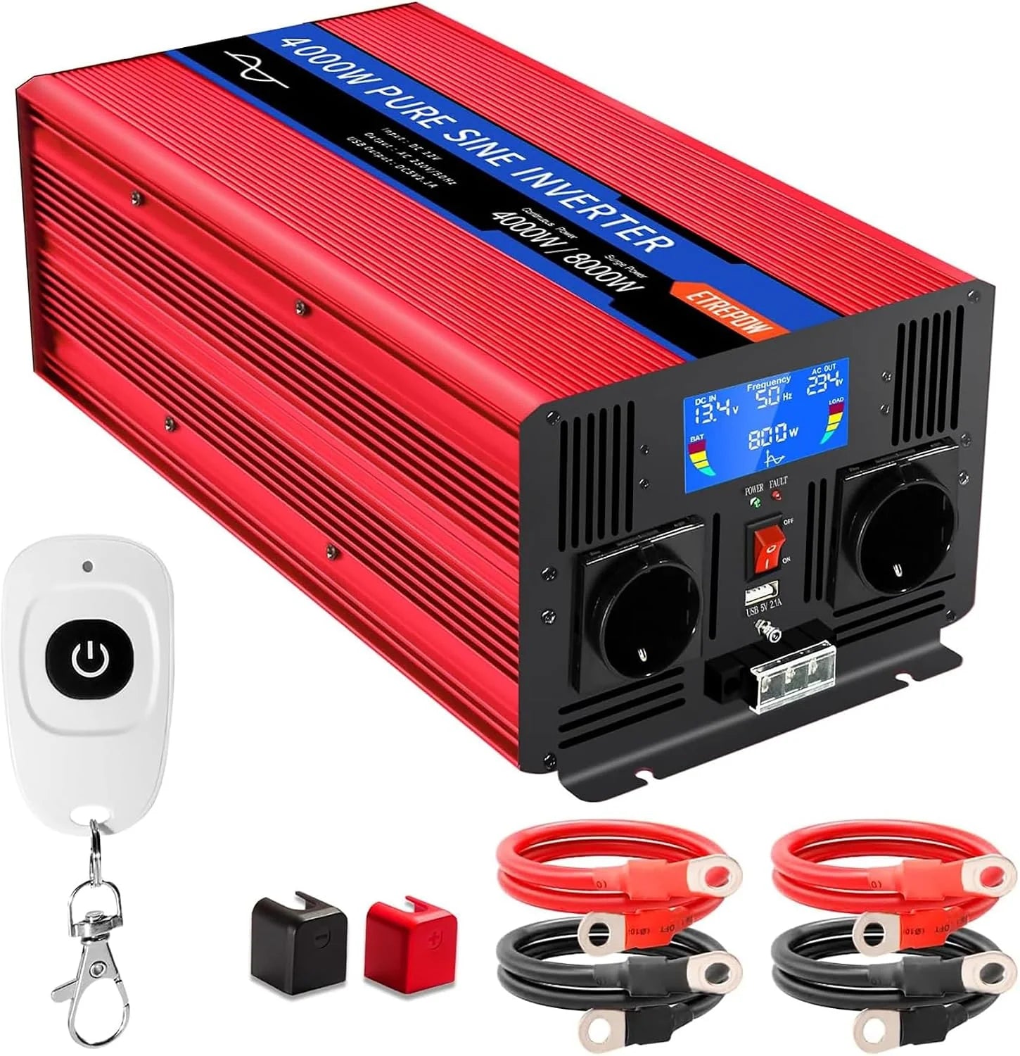 3000w/6000W Omvormer Zuivere Sinus Spanningsomvormer 12v 230v Stroomomvormers met 2 EU-stopcontact en 1 USB-poort, Draadloze Afstandsbediening, LCD-Scherm(4000W12V)
