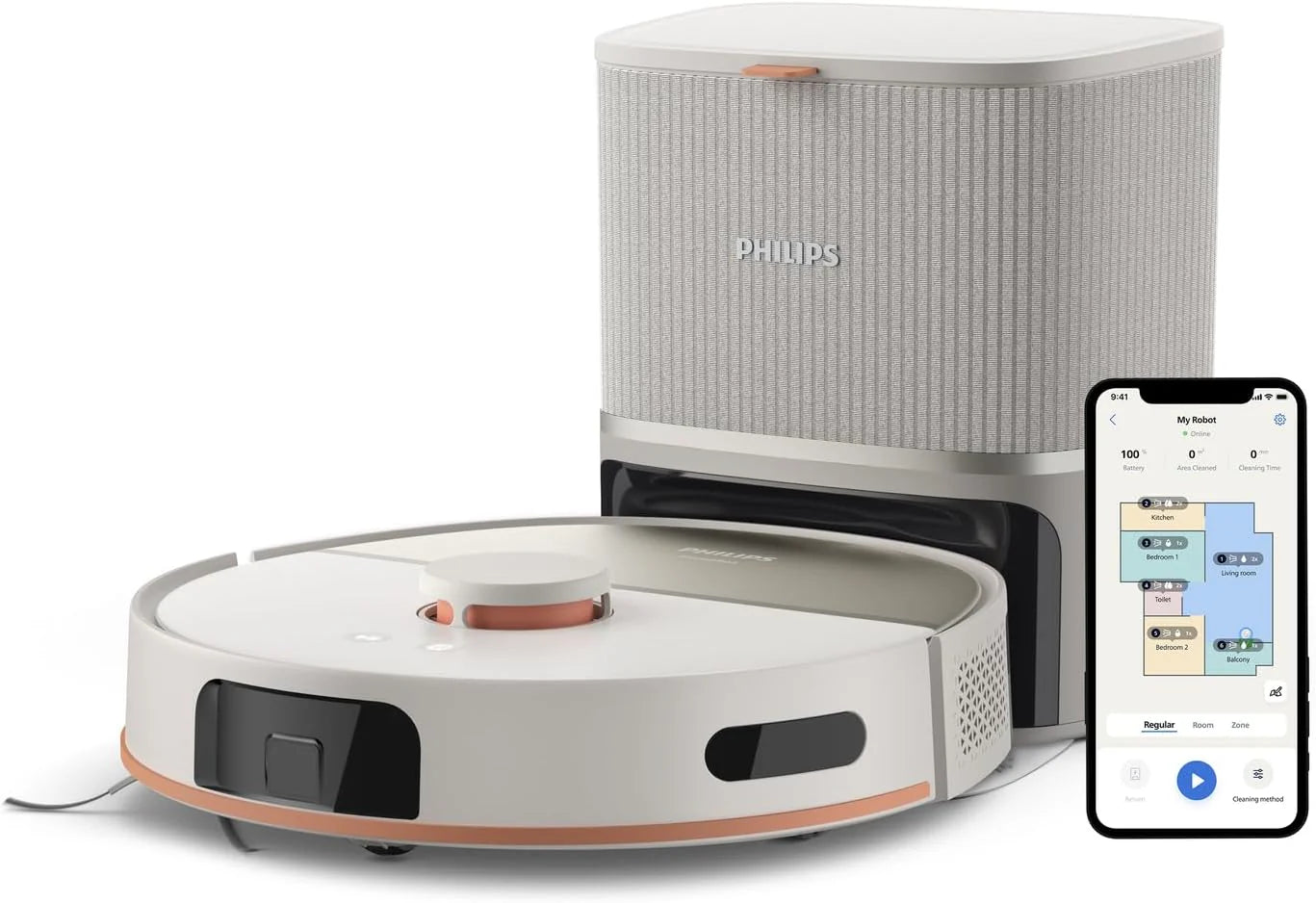 Philips HomeRun 5000 Series Robot Stofzuiger, Dubbele Roterende Dweilen, Stofzuigen  Dweilen, 10.000Pa Zuigkracht, Auto. leegstation met S-bag®, Laser Navigatie, HomeRun App, Zijdebeige (XU5100/20)