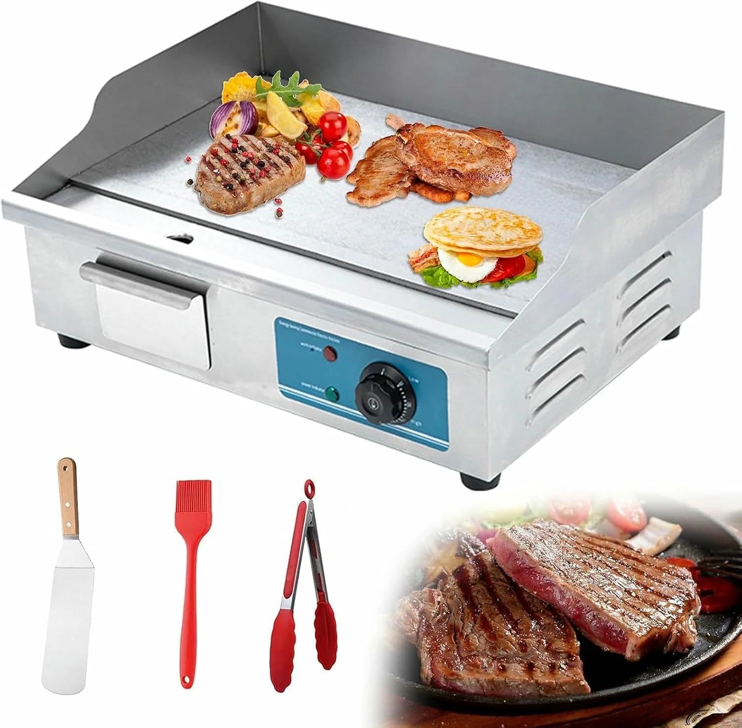 Elektrische tafelgrill met vlakke bakplaat, kookplaat, commerciële barbecue met groot kookoppervlak.