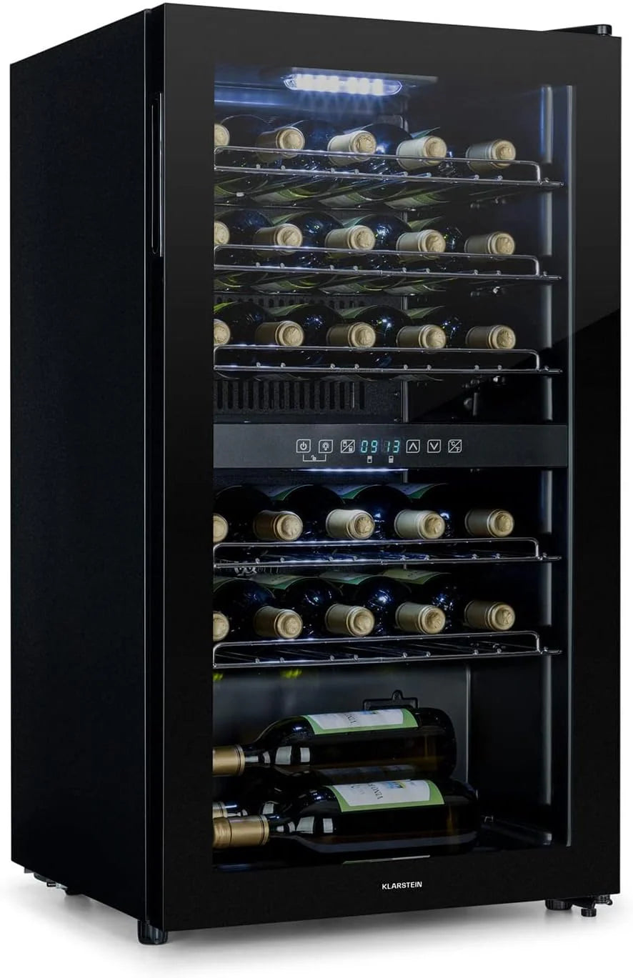 Klarstein Shiraz 29 Duo Wijnkoelkast 2 Zones - Wijnkoelkast Met Led-Binnenverlichting, Wijnklimaatkast Met Panoramische Glazen Deur, 42 Db, 5-22 °C, Volume: 80 Liter / 29 Flessen, Zwart
